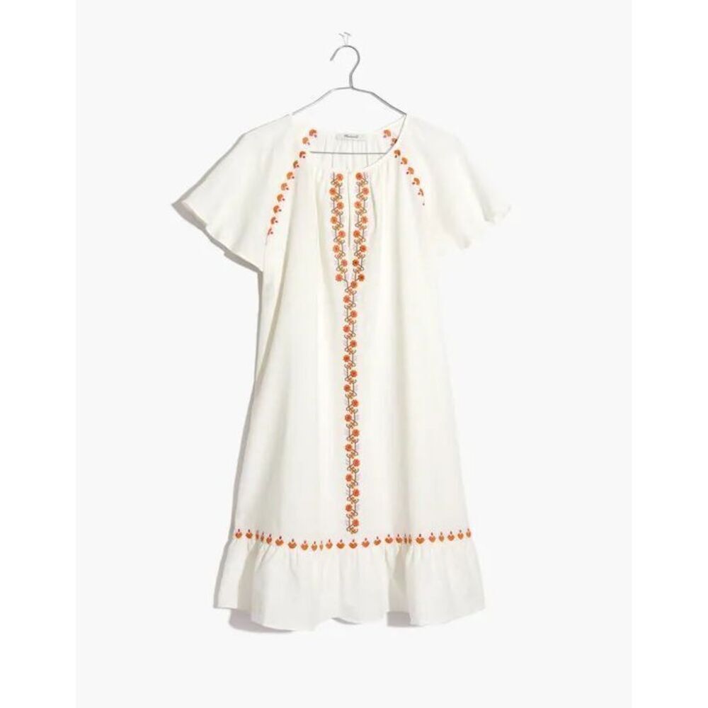 Madewell Embroidered Linen-Blend Raglan Ruffle Mini Dress Small Petite Lighthous